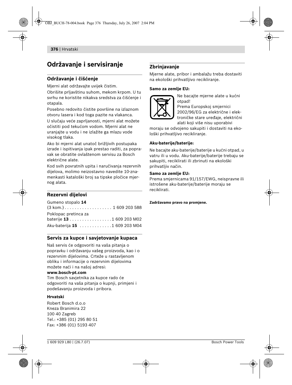 Održavanje i servisiranje | Bosch BL 200 GC Professional User Manual | Page 376 / 419