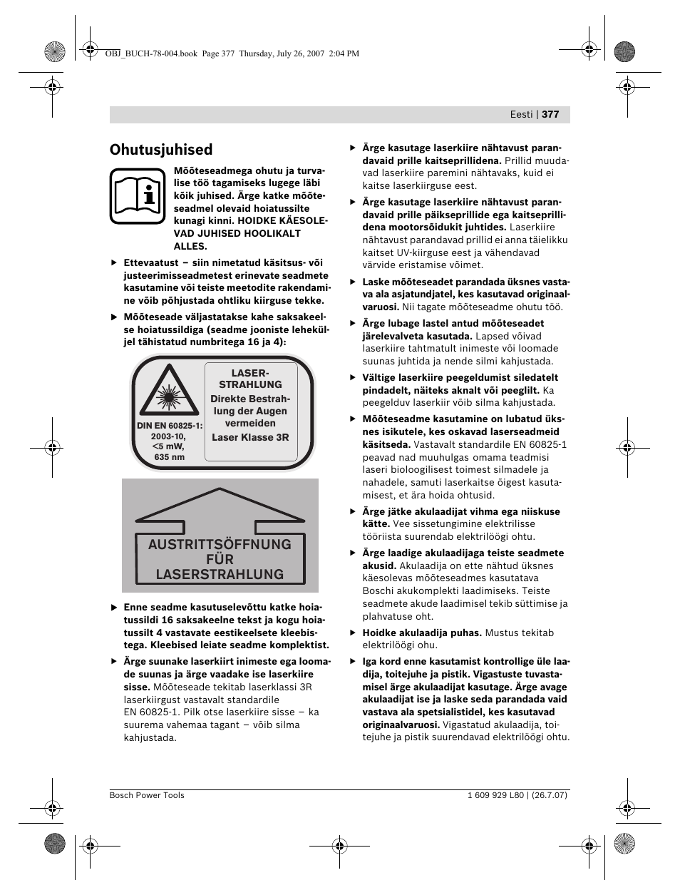 Ohutusjuhised, Austrittsöffnung für laserstrahlung | Bosch BL 200 GC Professional User Manual | Page 377 / 419