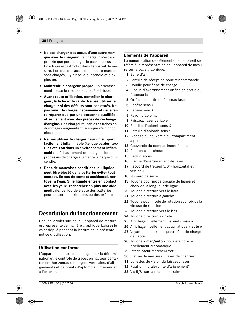 Description du fonctionnement | Bosch BL 200 GC Professional User Manual | Page 38 / 419