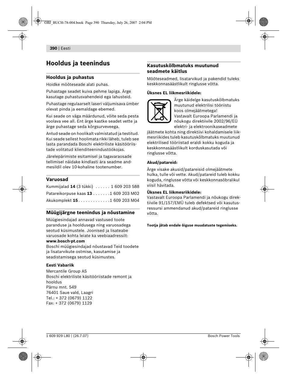 Hooldus ja teenindus | Bosch BL 200 GC Professional User Manual | Page 390 / 419