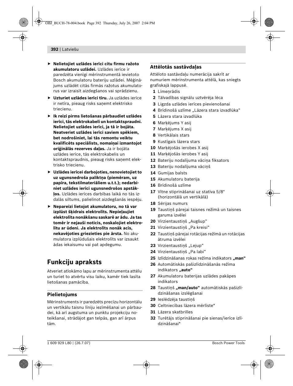 Funkciju apraksts | Bosch BL 200 GC Professional User Manual | Page 392 / 419