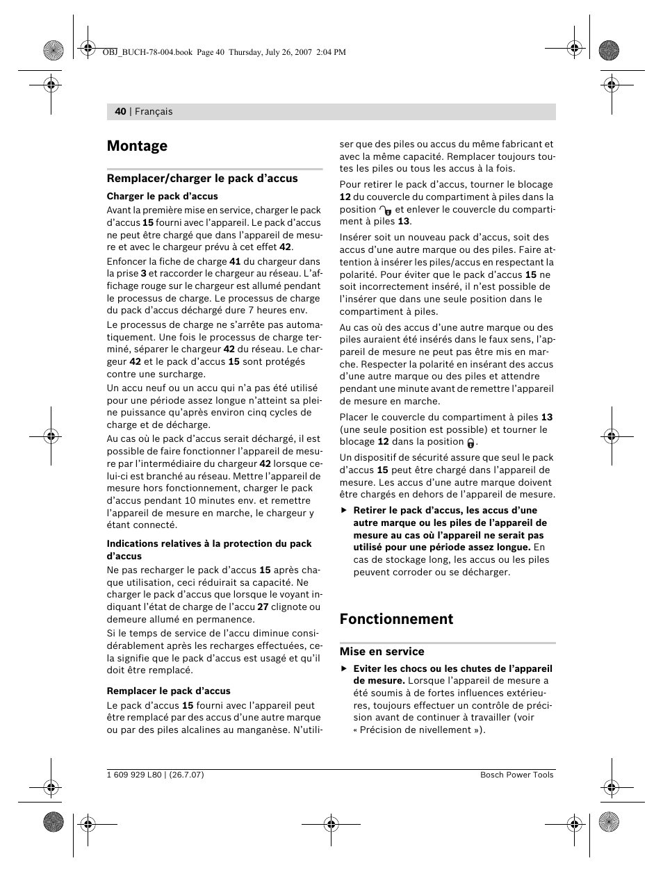 Montage, Fonctionnement | Bosch BL 200 GC Professional User Manual | Page 40 / 419