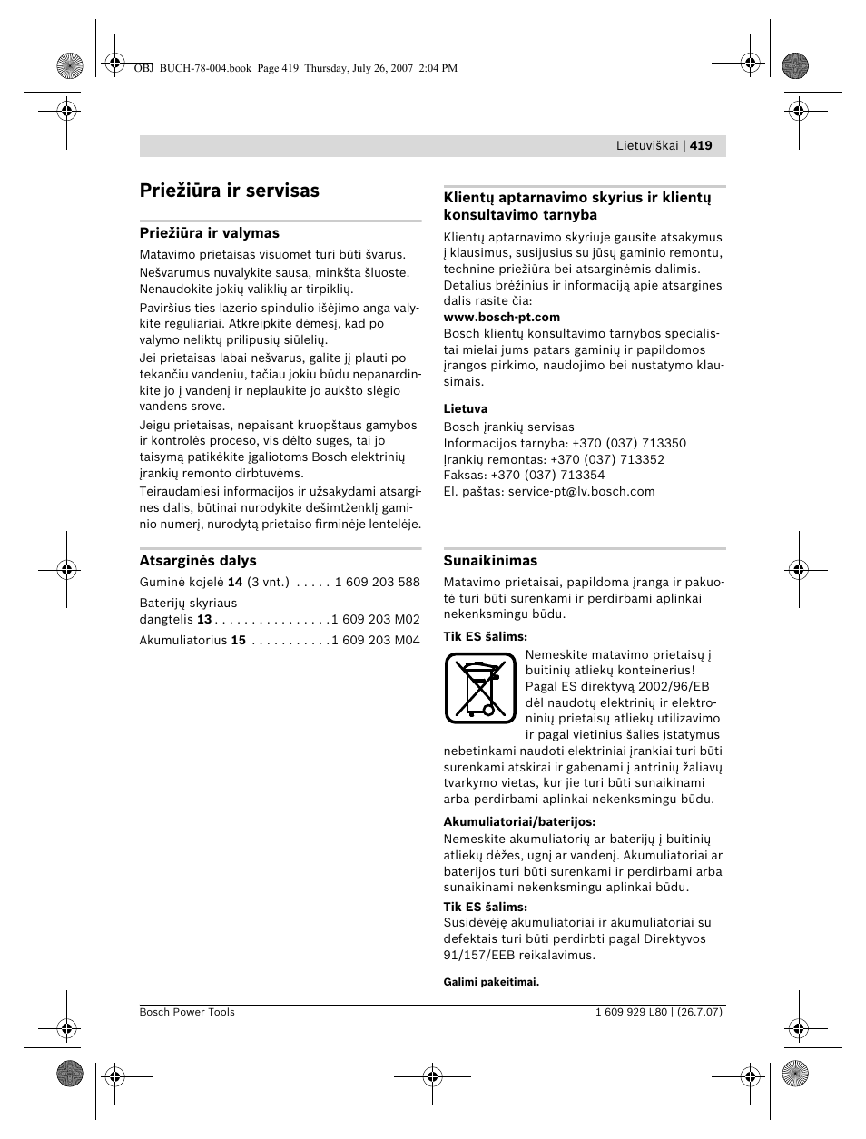 Priežiūra ir servisas | Bosch BL 200 GC Professional User Manual | Page 419 / 419