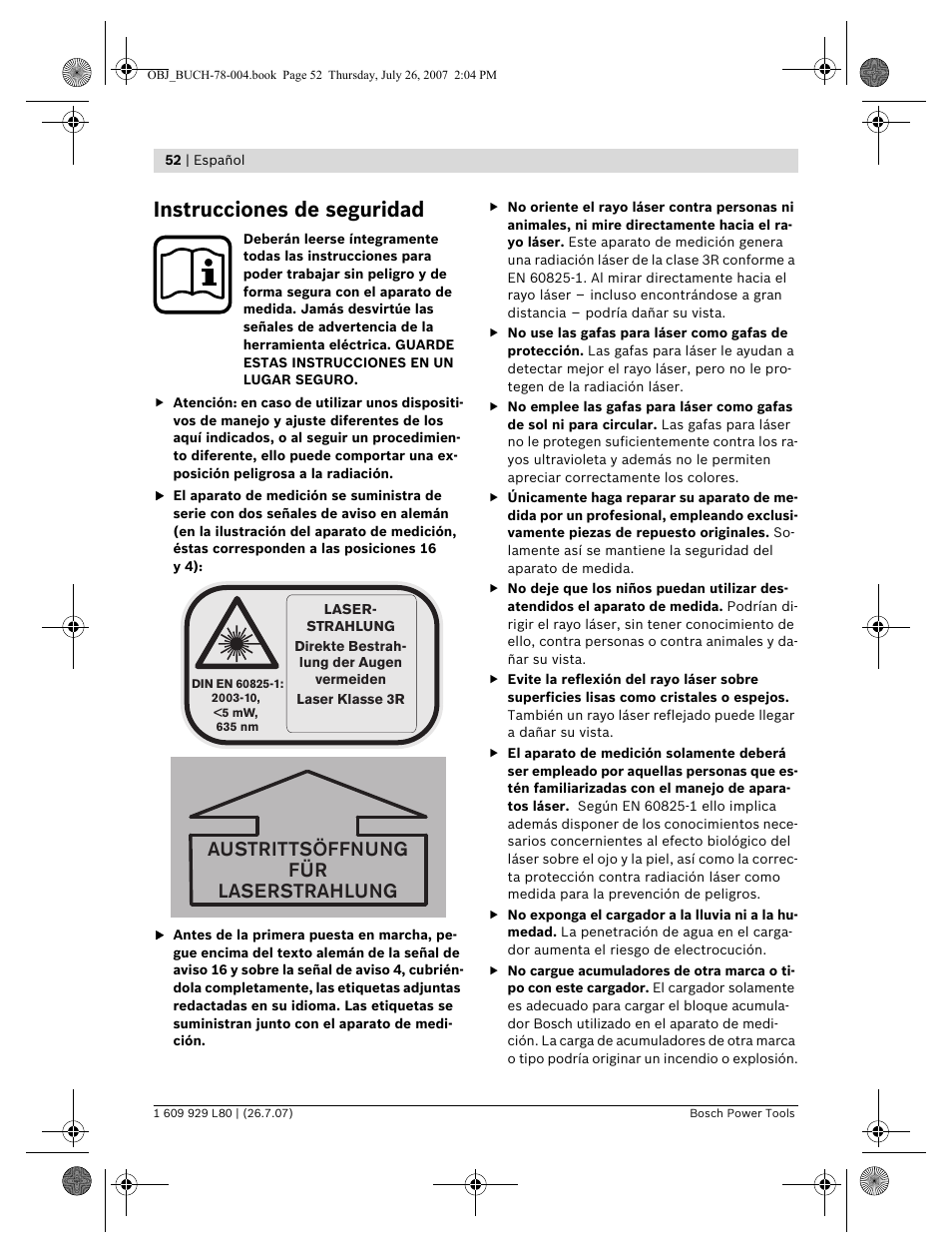 Instrucciones de seguridad, Austrittsöffnung für laserstrahlung | Bosch BL 200 GC Professional User Manual | Page 52 / 419