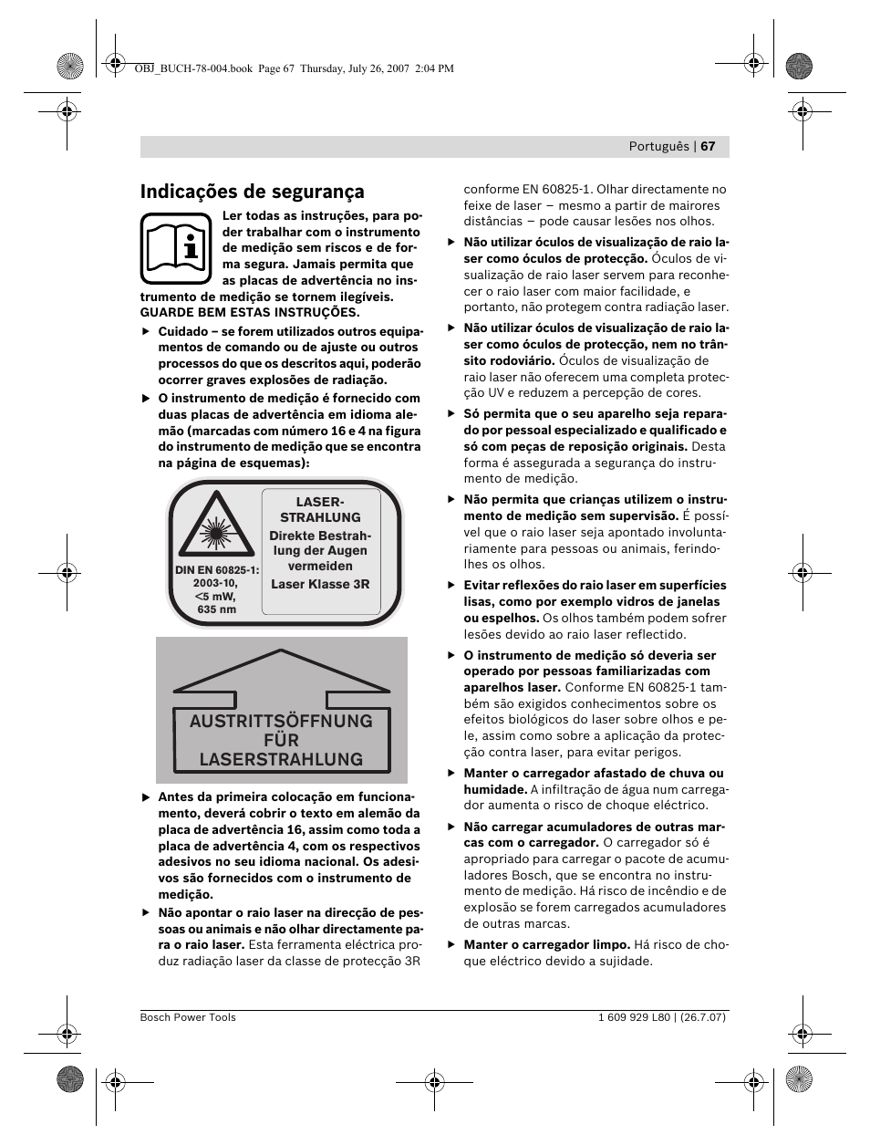 Indicações de segurança, Austrittsöffnung für laserstrahlung | Bosch BL 200 GC Professional User Manual | Page 67 / 419