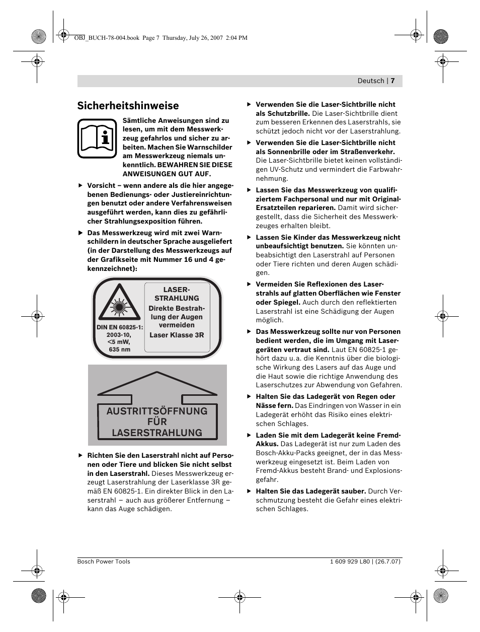 Sicherheitshinweise, Austrittsöffnung für laserstrahlung | Bosch BL 200 GC Professional User Manual | Page 7 / 419