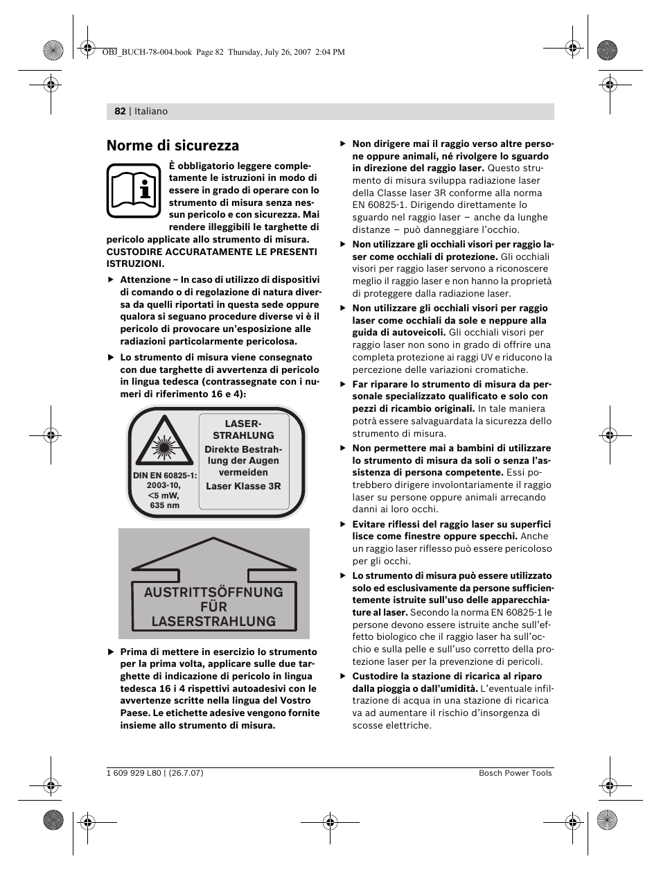 Norme di sicurezza, Austrittsöffnung für laserstrahlung | Bosch BL 200 GC Professional User Manual | Page 82 / 419