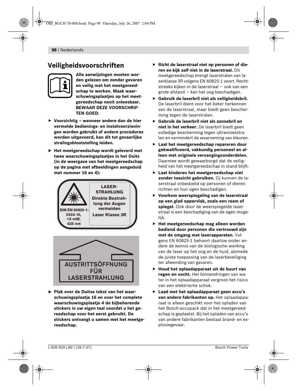 Veiligheidsvoorschriften, Austrittsöffnung für laserstrahlung | Bosch BL 200 GC Professional User Manual | Page 98 / 419