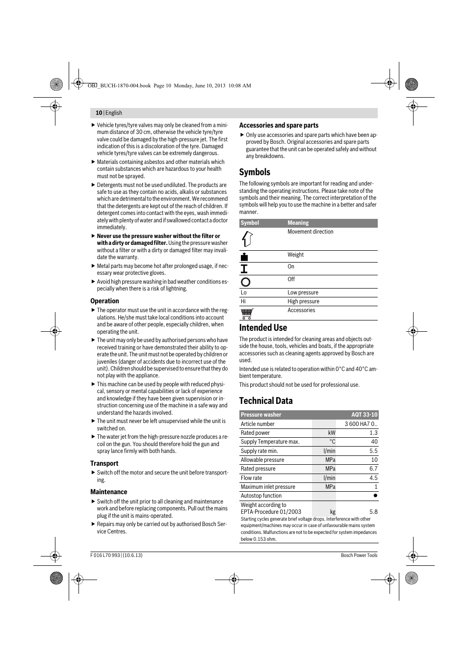 Symbols, Intended use, Technical data | Bosch AQT 33-10 User Manual | Page 10 / 190