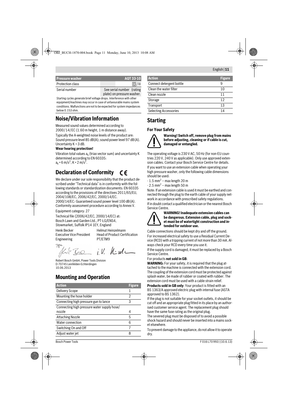 Noise/vibration information, Declaration of conformity, Mounting and operation starting | Bosch AQT 33-10 User Manual | Page 11 / 190