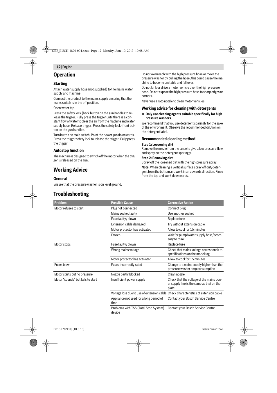 Operation, Working advice, Troubleshooting | Bosch AQT 33-10 User Manual | Page 12 / 190