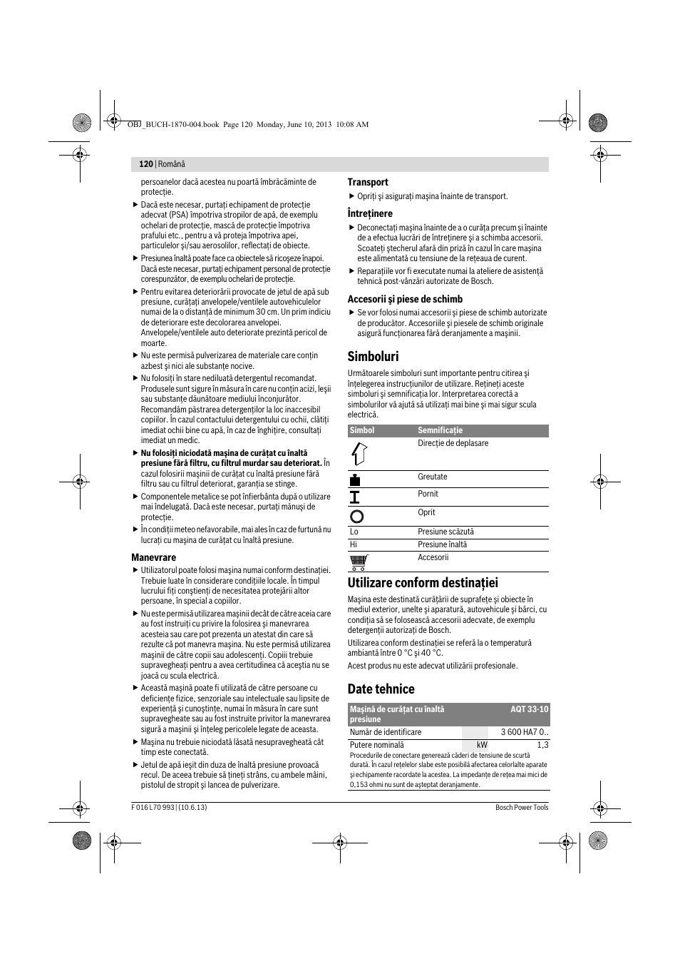 Simboluri, Utilizare conform destinaţiei, Date tehnice | Bosch AQT 33-10 User Manual | Page 120 / 190