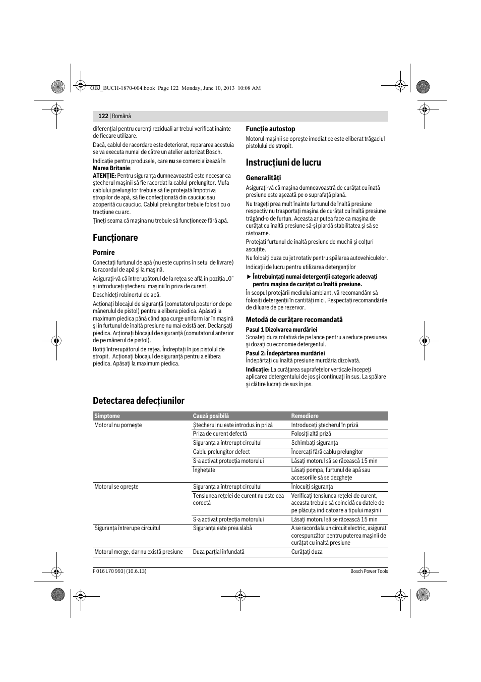 Funcţionare, Instrucţiuni de lucru, Detectarea defecţiunilor | Bosch AQT 33-10 User Manual | Page 122 / 190