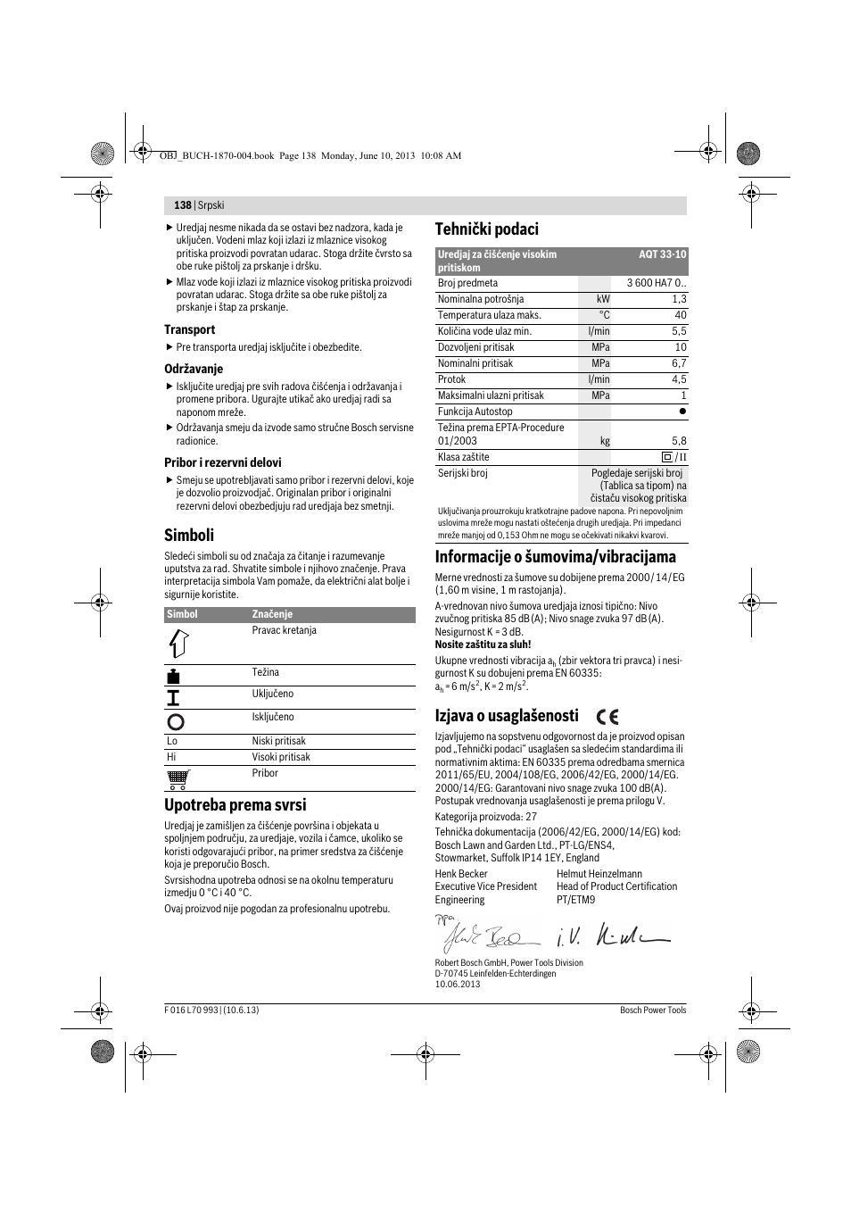 Simboli, Upotreba prema svrsi, Tehnički podaci informacije o šumovima/vibracijama | Izjava o usaglašenosti | Bosch AQT 33-10 User Manual | Page 138 / 190