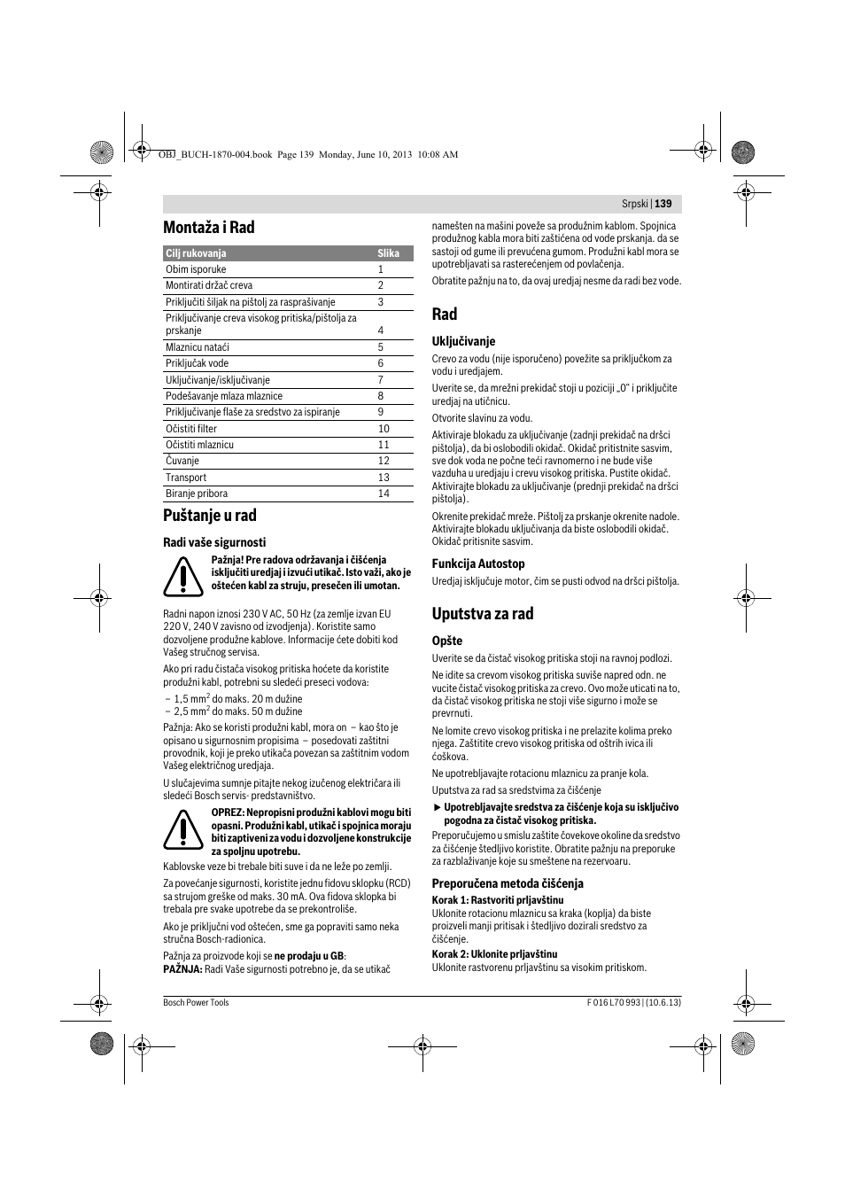 Montaža i rad puštanje u rad, Uputstva za rad | Bosch AQT 33-10 User Manual | Page 139 / 190