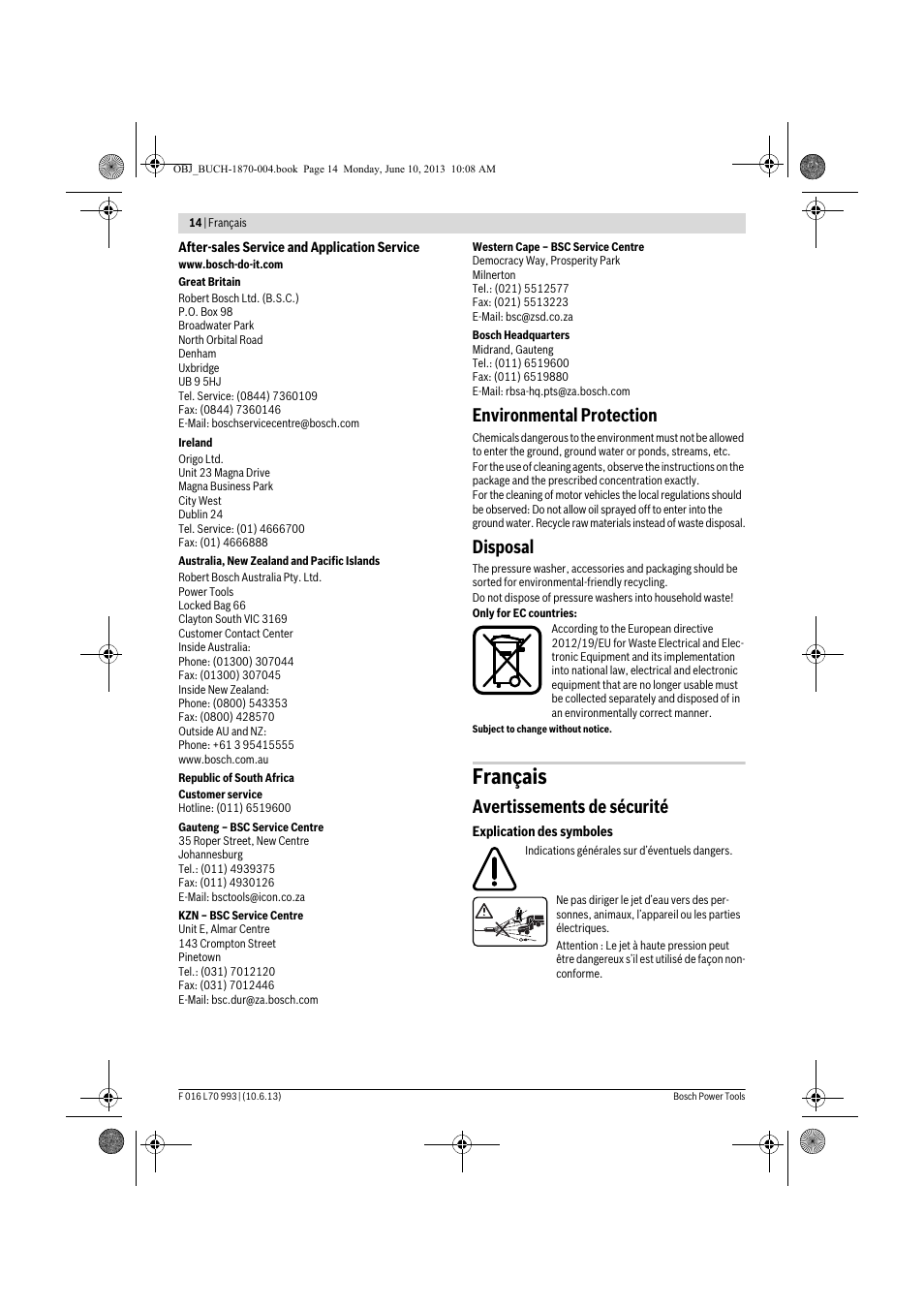 Français, Environmental protection, Disposal | Avertissements de sécurité | Bosch AQT 33-10 User Manual | Page 14 / 190
