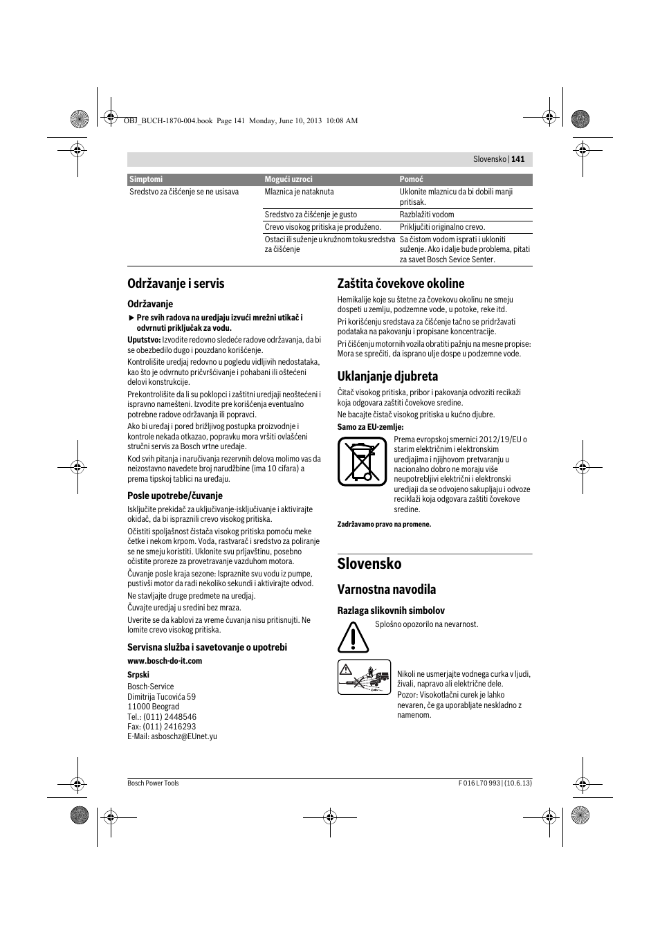 Slovensko, Održavanje i servis, Zaštita čovekove okoline | Uklanjanje djubreta, Varnostna navodila | Bosch AQT 33-10 User Manual | Page 141 / 190