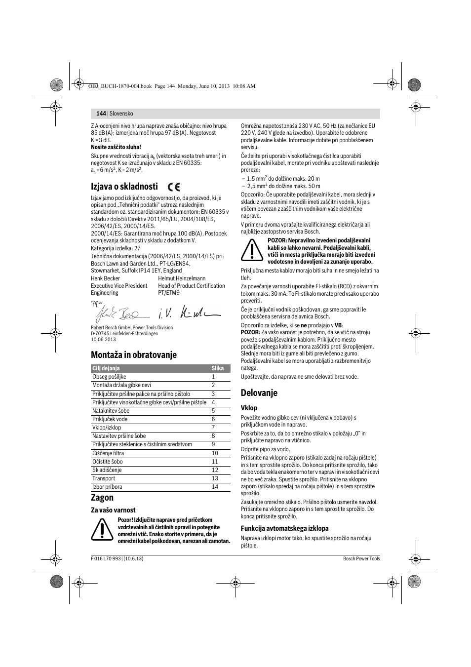 Izjava o skladnosti, Montaža in obratovanje zagon, Delovanje | Bosch AQT 33-10 User Manual | Page 144 / 190