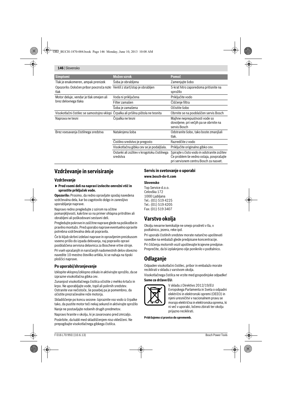 Vzdrževanje in servisiranje, Varstvo okolja, Odlaganje | Bosch AQT 33-10 User Manual | Page 146 / 190