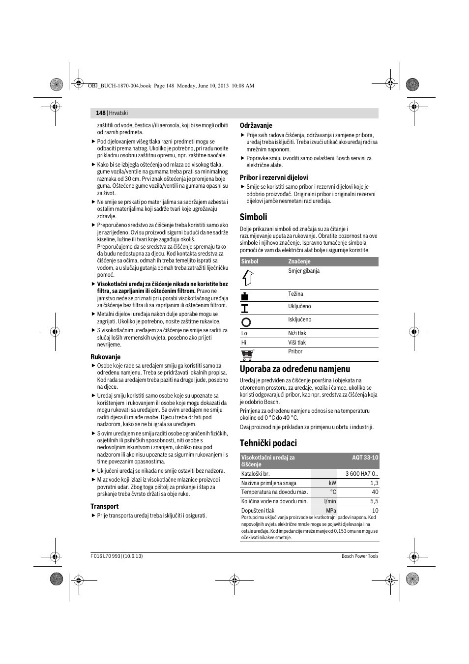 Simboli, Uporaba za određenu namjenu, Tehnički podaci | Bosch AQT 33-10 User Manual | Page 148 / 190