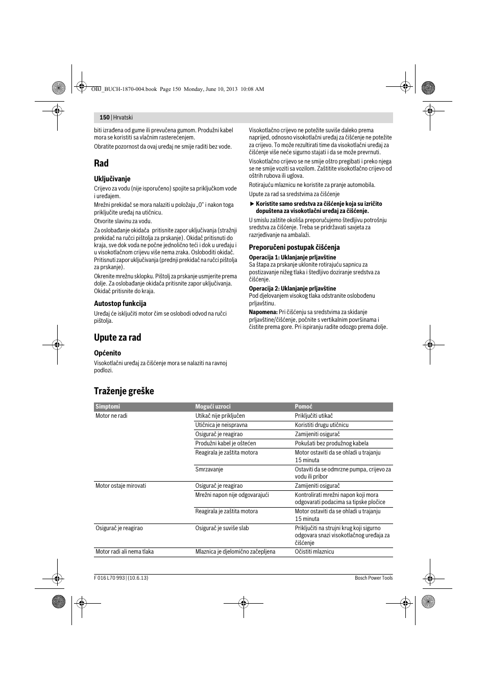 Upute za rad, Traženje greške | Bosch AQT 33-10 User Manual | Page 150 / 190