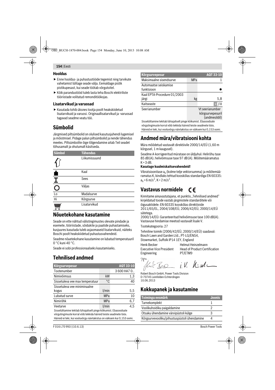 Sümbolid, Nõuetekohane kasutamine, Tehnilised andmed andmed müra/vibratsiooni kohta | Vastavus normidele, Kokkupanek ja kasutamine | Bosch AQT 33-10 User Manual | Page 154 / 190