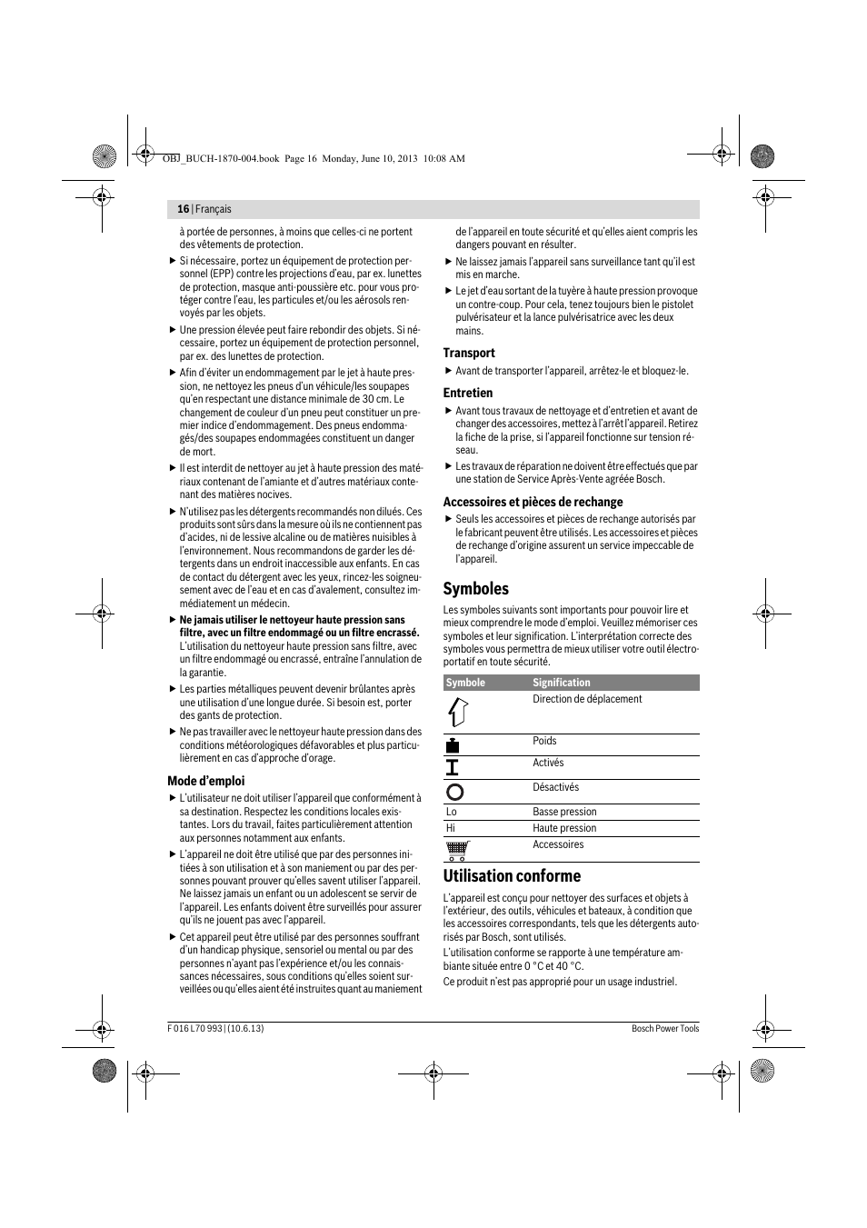 Symboles, Utilisation conforme | Bosch AQT 33-10 User Manual | Page 16 / 190