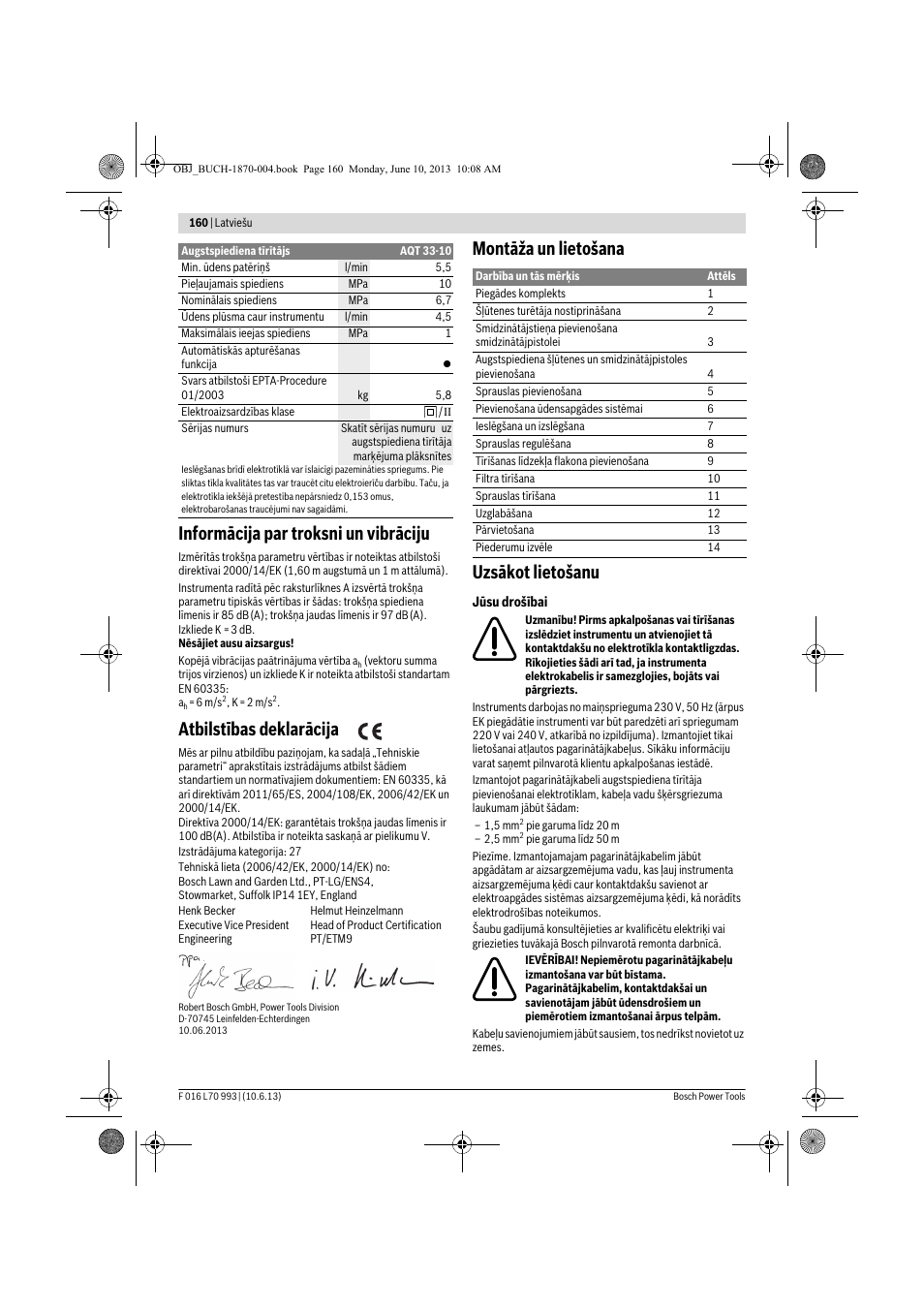 Informācija par troksni un vibrāciju, Atbilstības deklarācija, Montāža un lietošana uzsākot lietošanu | Bosch AQT 33-10 User Manual | Page 160 / 190