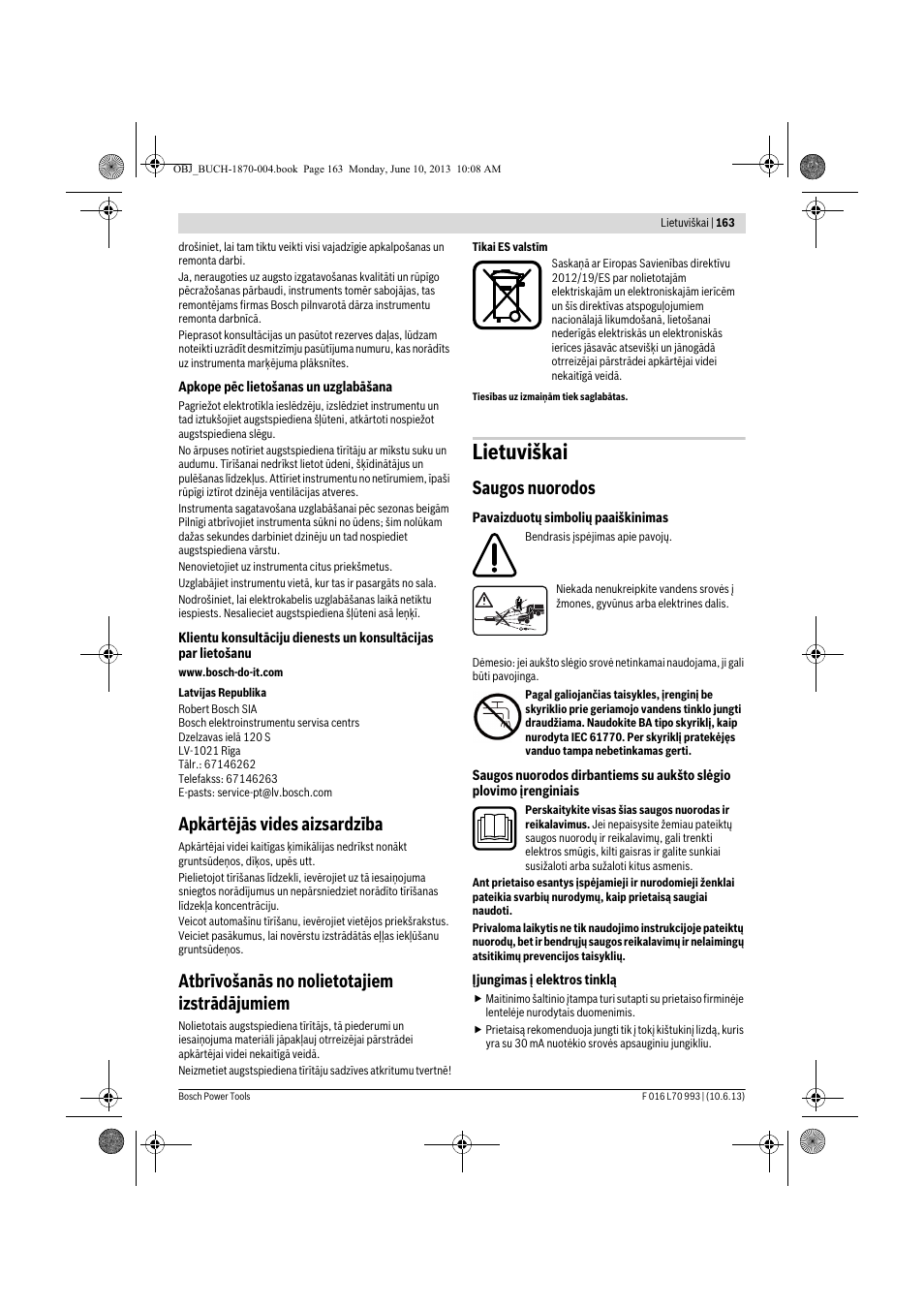 Lietuviškai, Apkārtējās vides aizsardzība, Atbrīvošanās no nolietotajiem izstrādājumiem | Saugos nuorodos | Bosch AQT 33-10 User Manual | Page 163 / 190