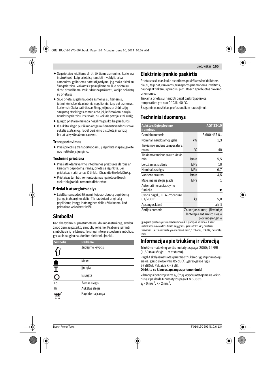 Simboliai, Elektrinio įrankio paskirtis | Bosch AQT 33-10 User Manual | Page 165 / 190