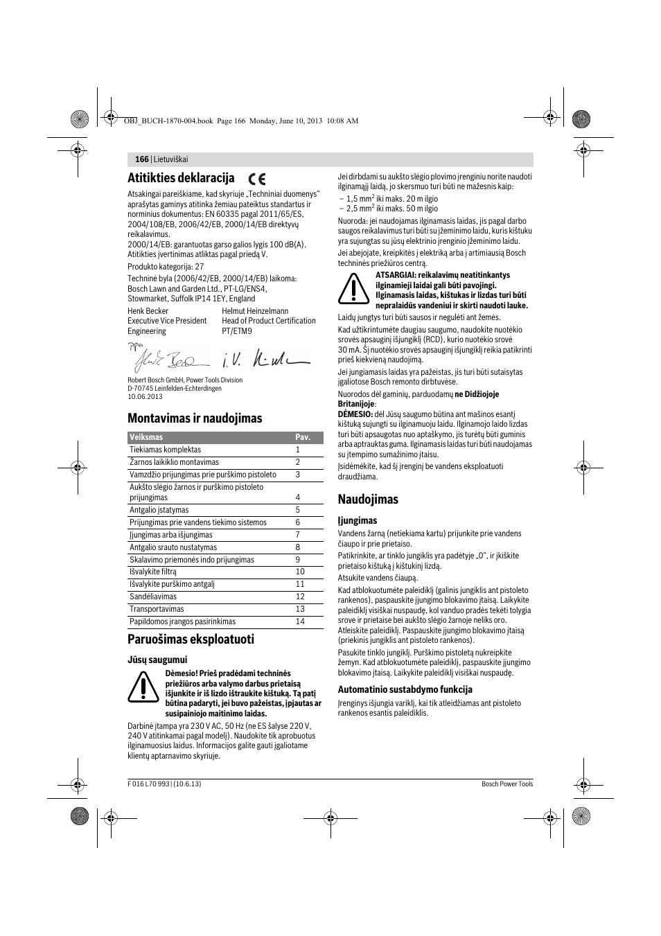 Atitikties deklaracija, Montavimas ir naudojimas paruošimas eksploatuoti, Naudojimas | Bosch AQT 33-10 User Manual | Page 166 / 190