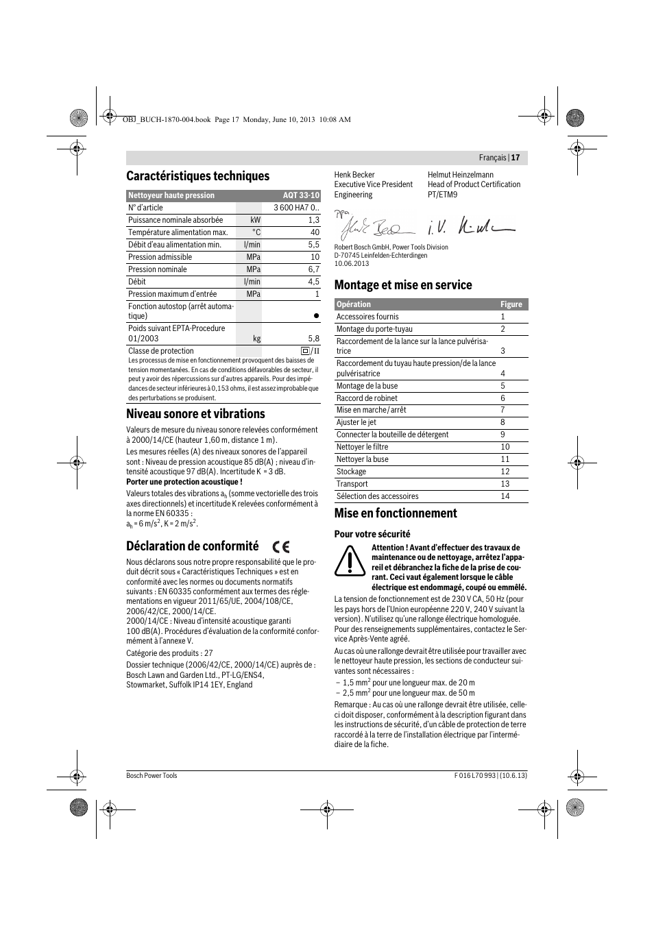 Déclaration de conformité, Montage et mise en service mise en fonctionnement | Bosch AQT 33-10 User Manual | Page 17 / 190