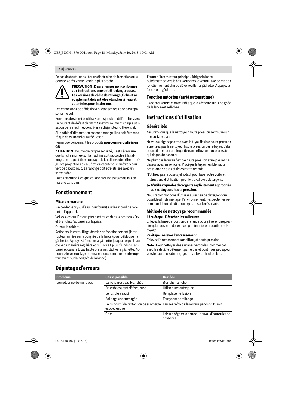 Fonctionnement, Instructions d’utilisation, Dépistage d’erreurs | Bosch AQT 33-10 User Manual | Page 18 / 190