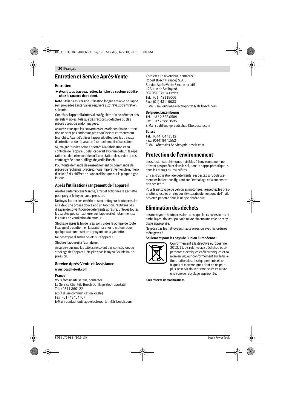 Entretien et service après-vente, Protection de l’environnement, Elimination des déchets | Bosch AQT 33-10 User Manual | Page 20 / 190