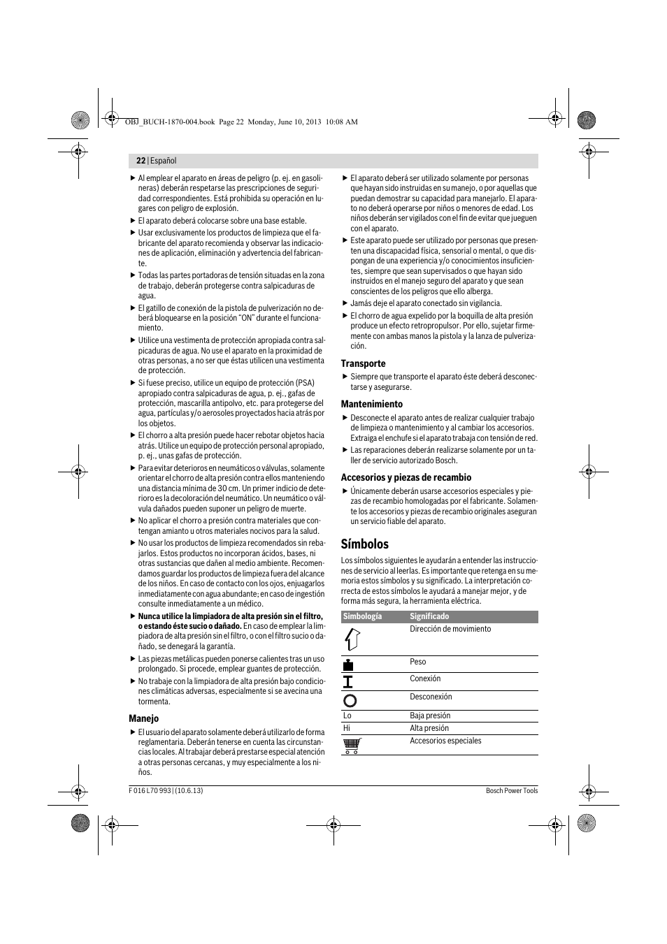 Símbolos | Bosch AQT 33-10 User Manual | Page 22 / 190