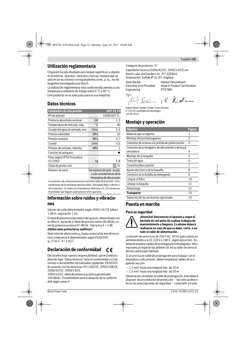 Utilización reglamentaria, Declaración de conformidad, Montaje y operación puesta en marcha | Bosch AQT 33-10 User Manual | Page 23 / 190