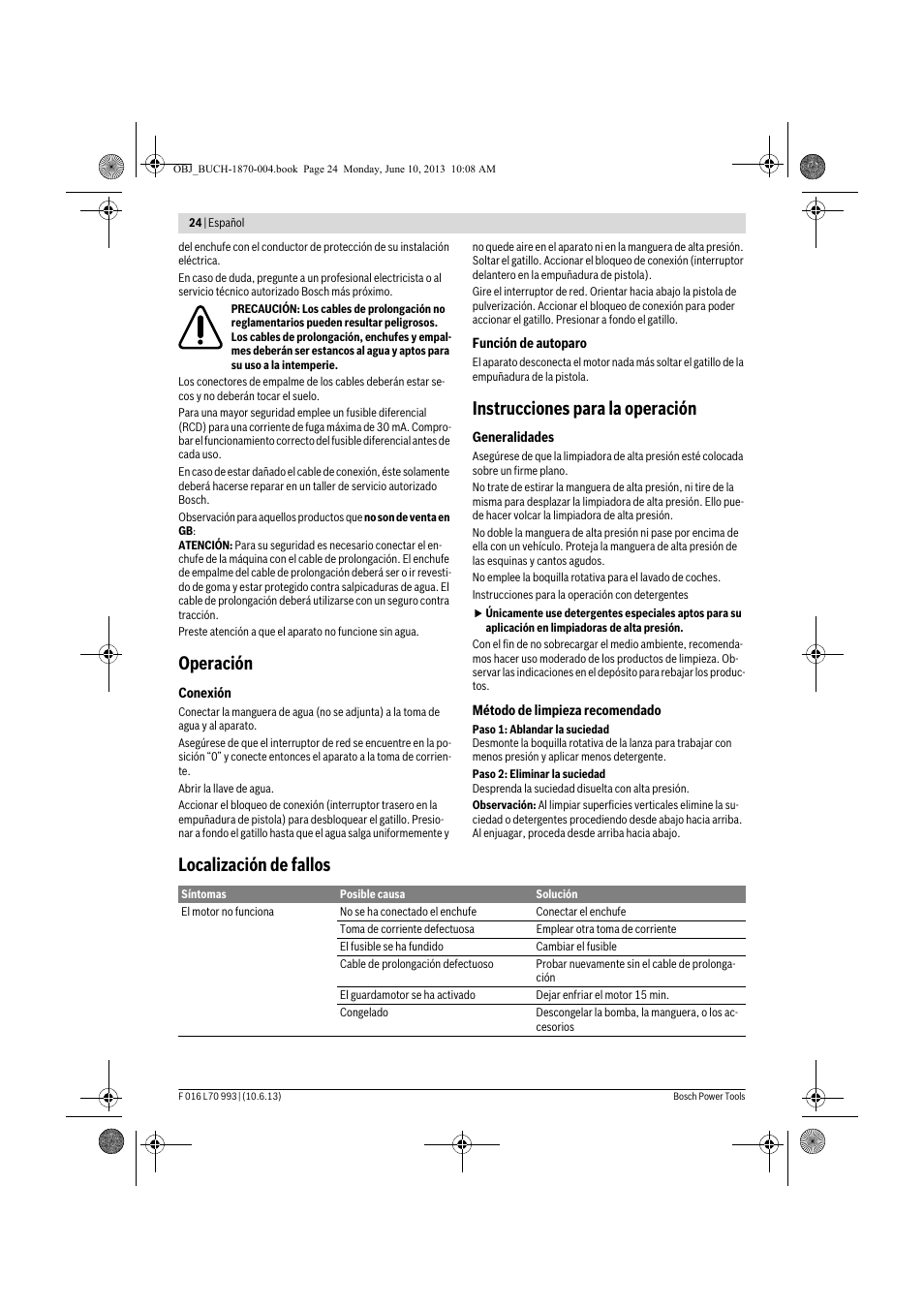 Operación, Instrucciones para la operación, Localización de fallos | Bosch AQT 33-10 User Manual | Page 24 / 190