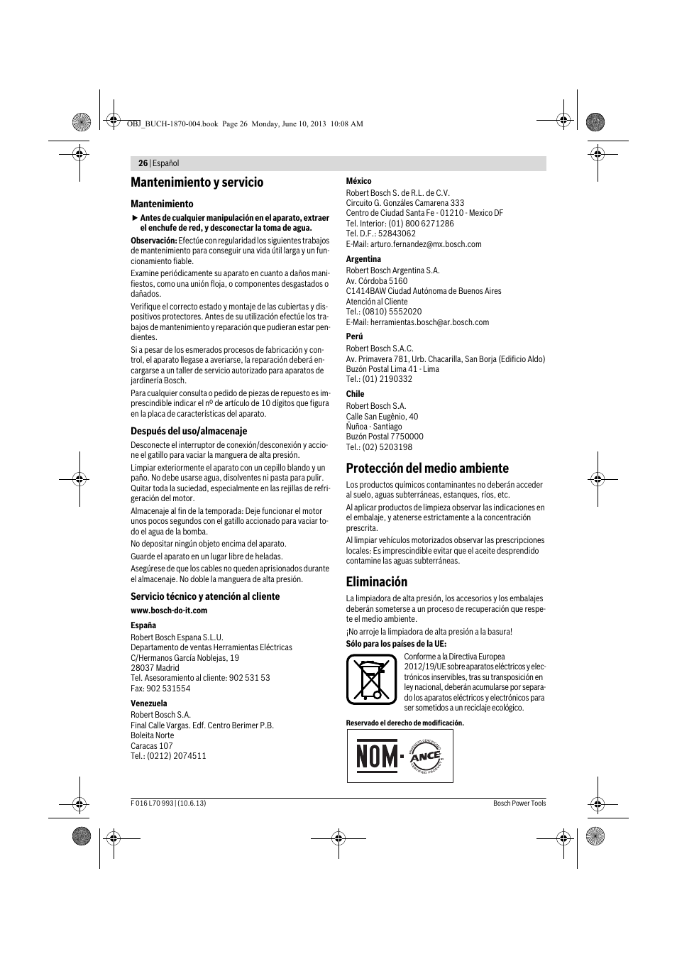 Mantenimiento y servicio, Protección del medio ambiente, Eliminación | Bosch AQT 33-10 User Manual | Page 26 / 190