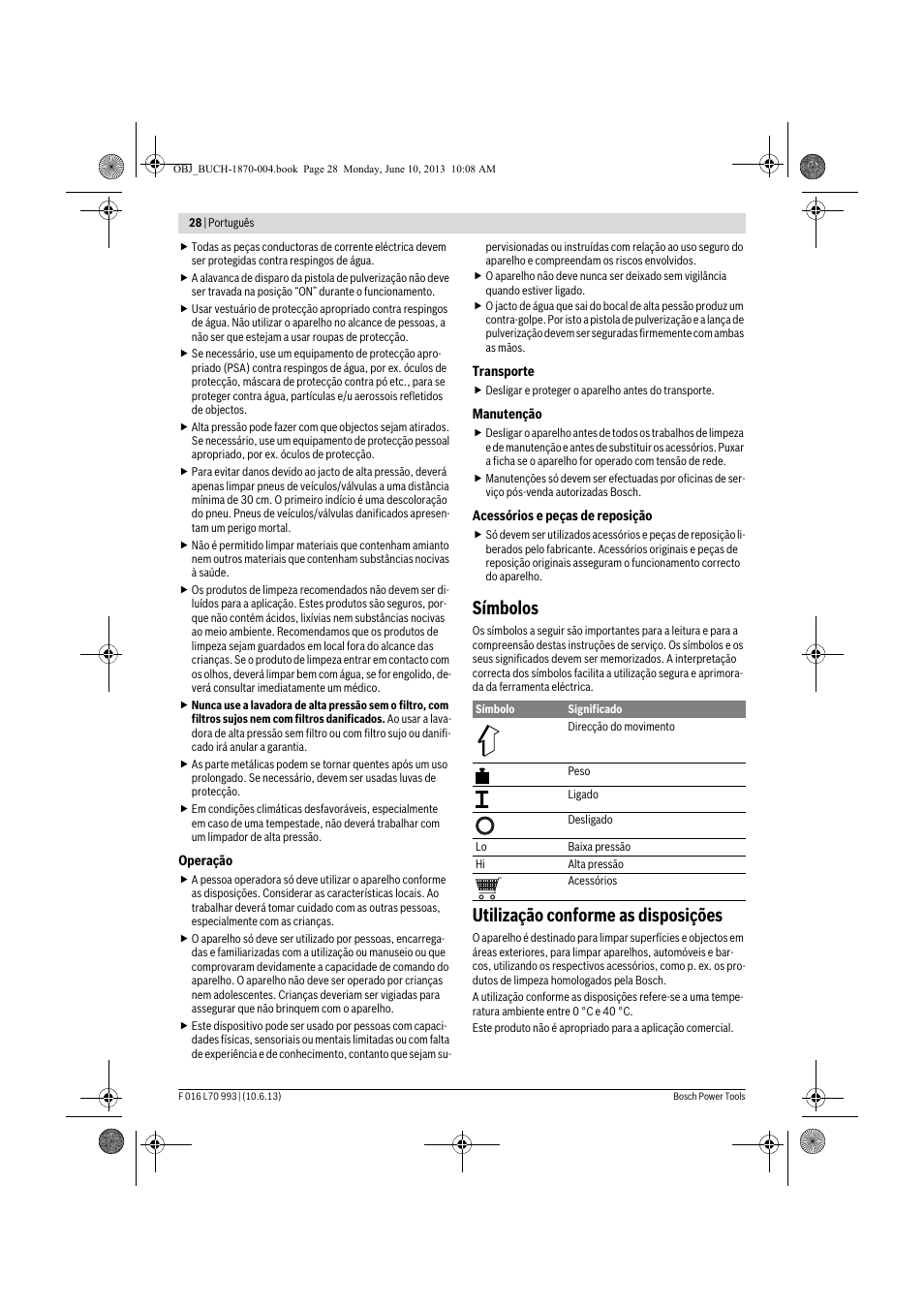 Símbolos, Utilização conforme as disposições | Bosch AQT 33-10 User Manual | Page 28 / 190