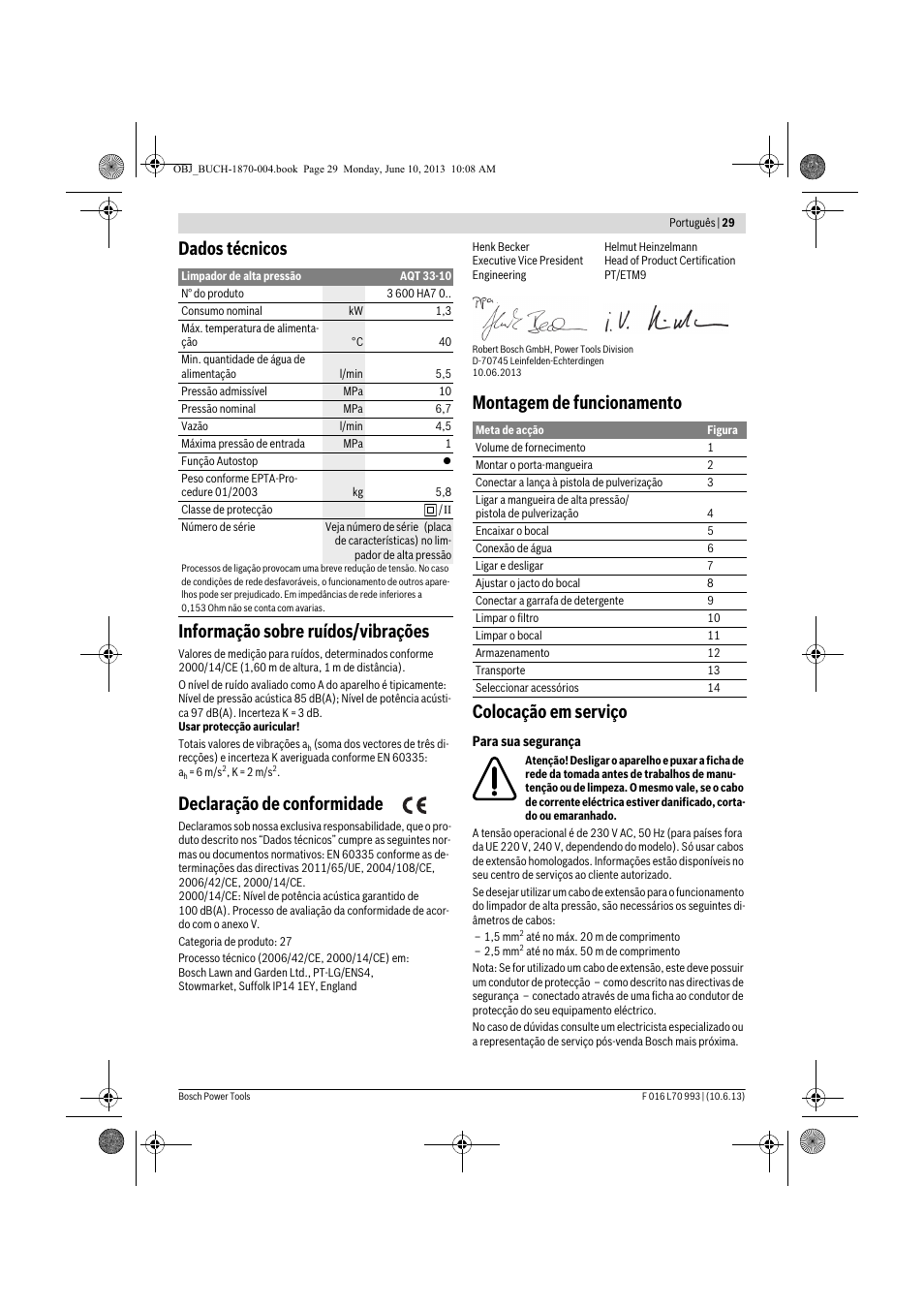 Dados técnicos informação sobre ruídos/vibrações, Declaração de conformidade, Montagem de funcionamento colocação em serviço | Bosch AQT 33-10 User Manual | Page 29 / 190