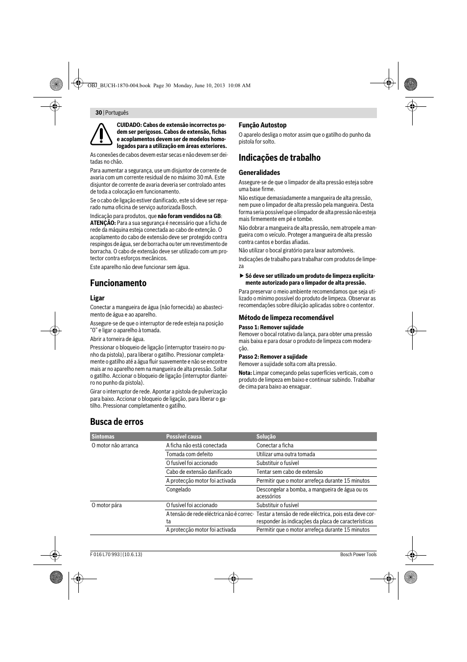 Funcionamento, Indicações de trabalho, Busca de erros | Bosch AQT 33-10 User Manual | Page 30 / 190