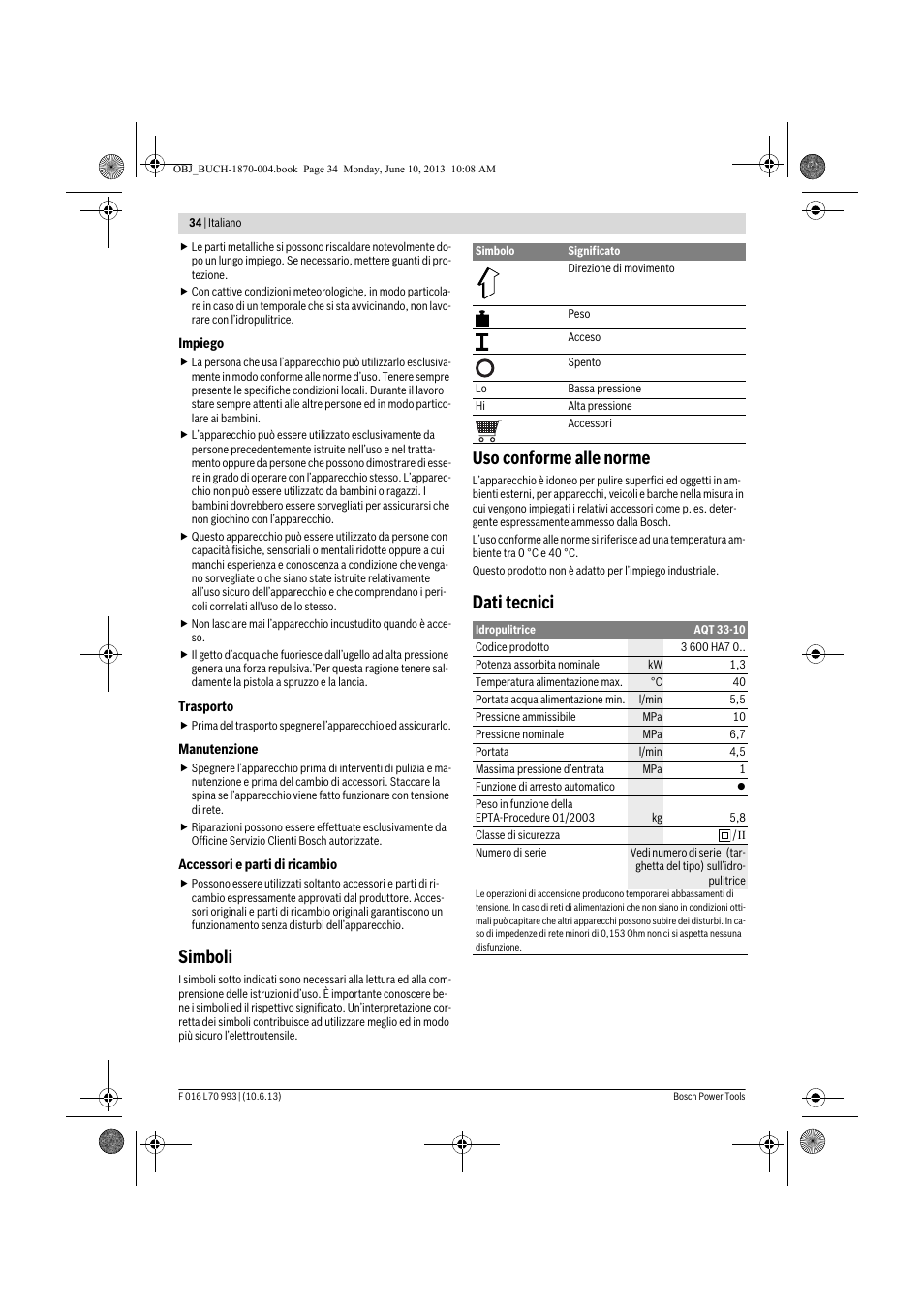 Simboli, Uso conforme alle norme, Dati tecnici | Bosch AQT 33-10 User Manual | Page 34 / 190