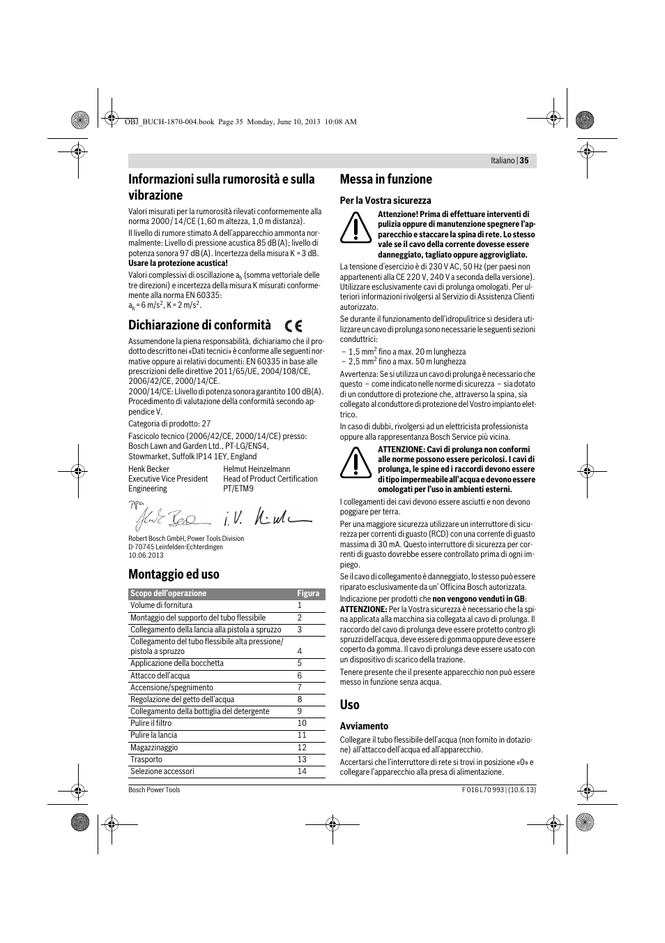 Informazioni sulla rumorosità e sulla vibrazione, Dichiarazione di conformità, Montaggio ed uso messa in funzione | Bosch AQT 33-10 User Manual | Page 35 / 190