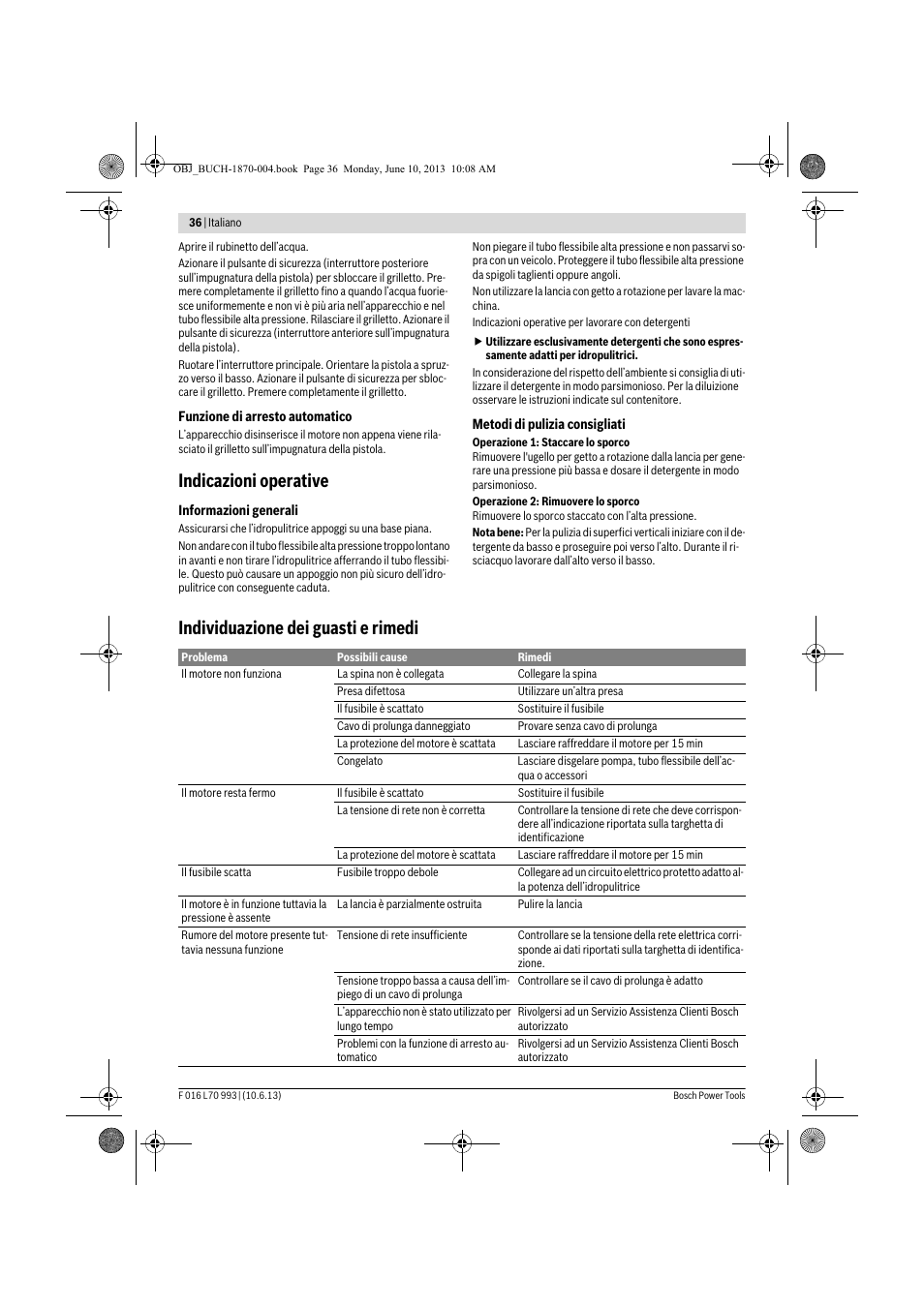 Indicazioni operative, Individuazione dei guasti e rimedi | Bosch AQT 33-10 User Manual | Page 36 / 190