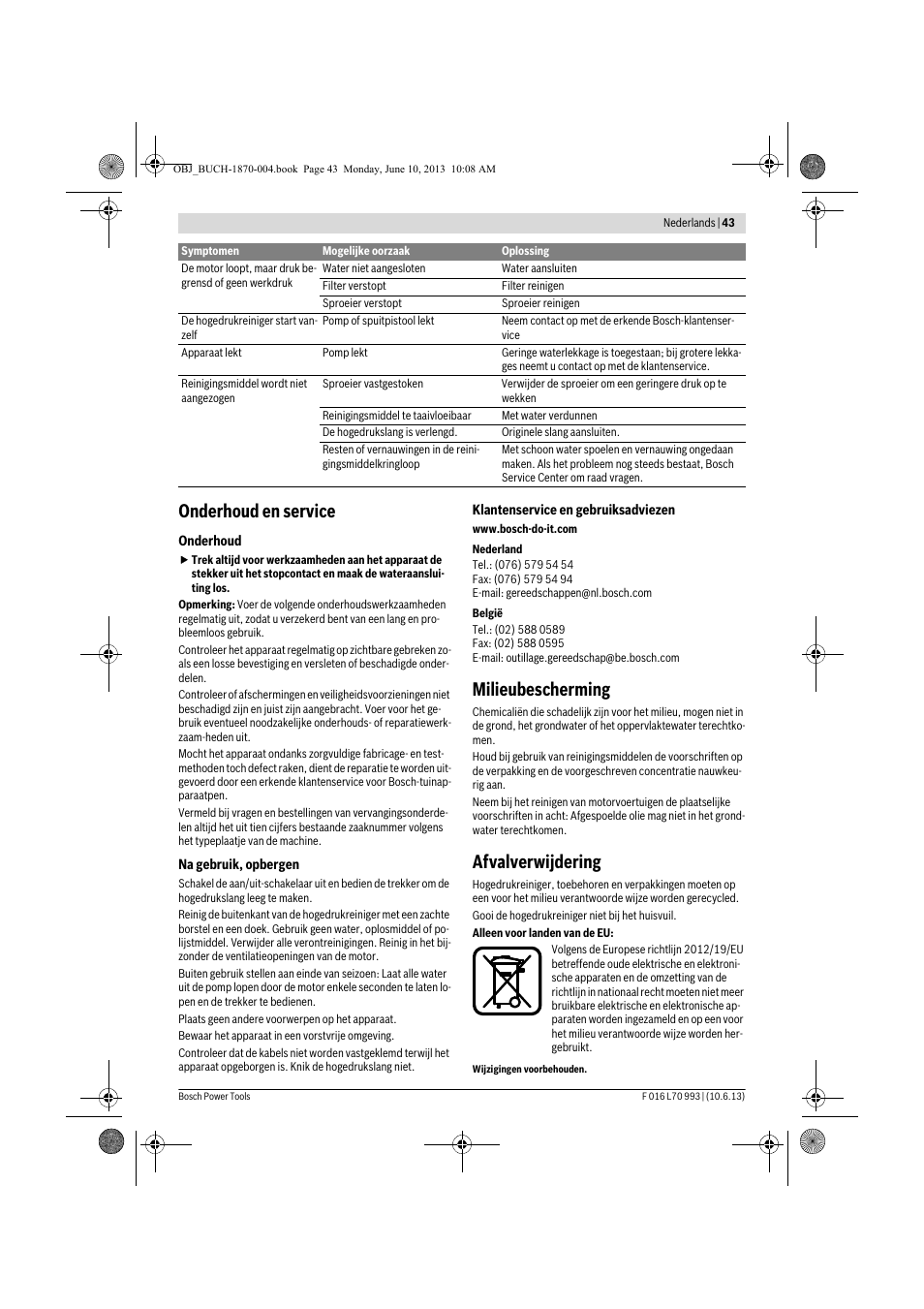 Onderhoud en service, Milieubescherming, Afvalverwijdering | Bosch AQT 33-10 User Manual | Page 43 / 190