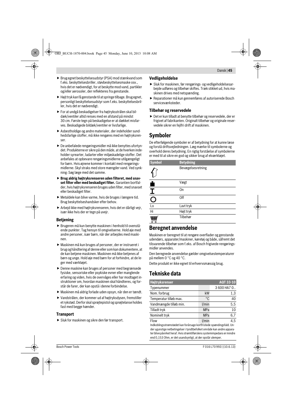 Symboler, Beregnet anvendelse, Tekniske data | Bosch AQT 33-10 User Manual | Page 45 / 190