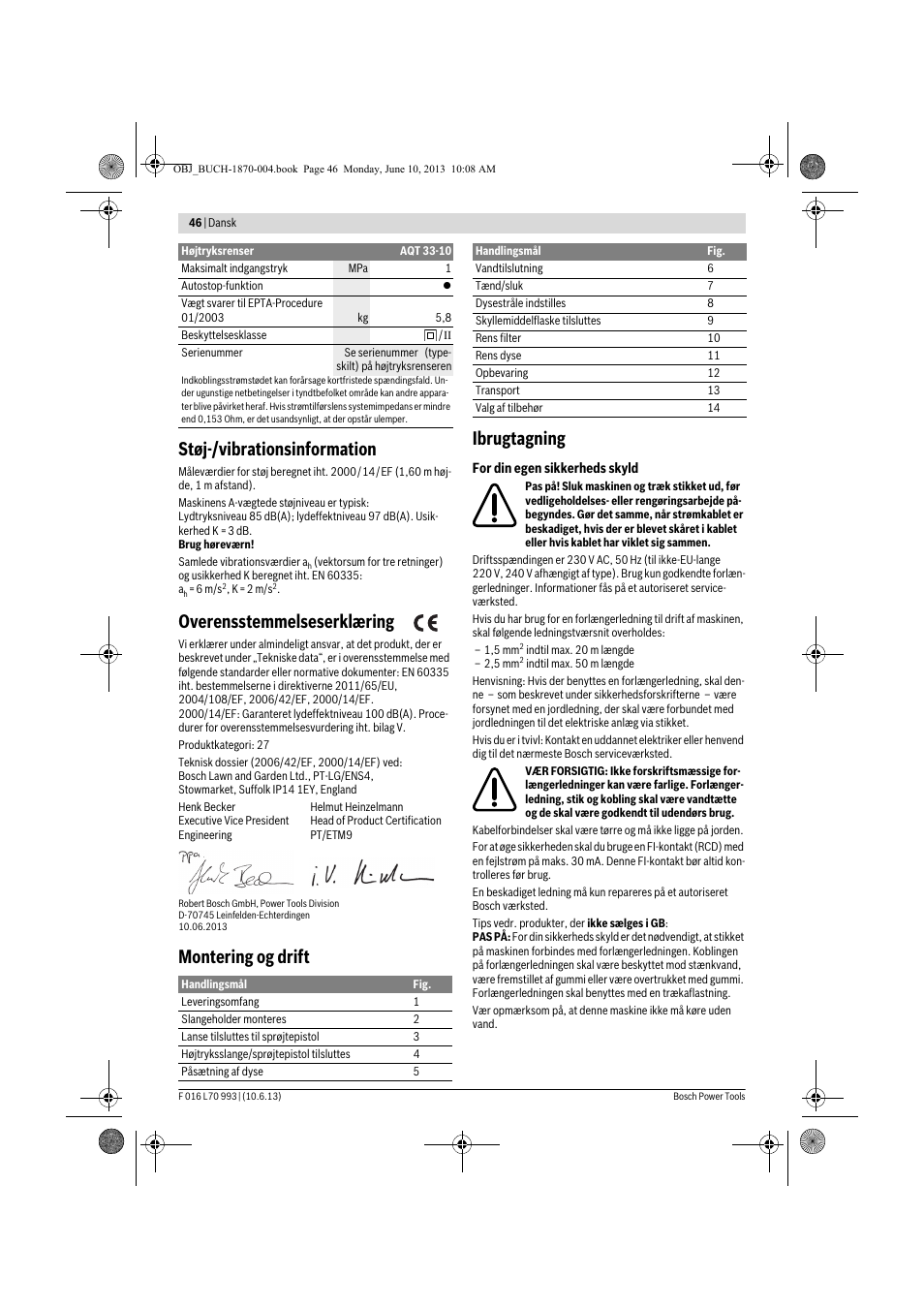 Støj-/vibrationsinformation, Overensstemmelseserklæring, Montering og drift ibrugtagning | Bosch AQT 33-10 User Manual | Page 46 / 190