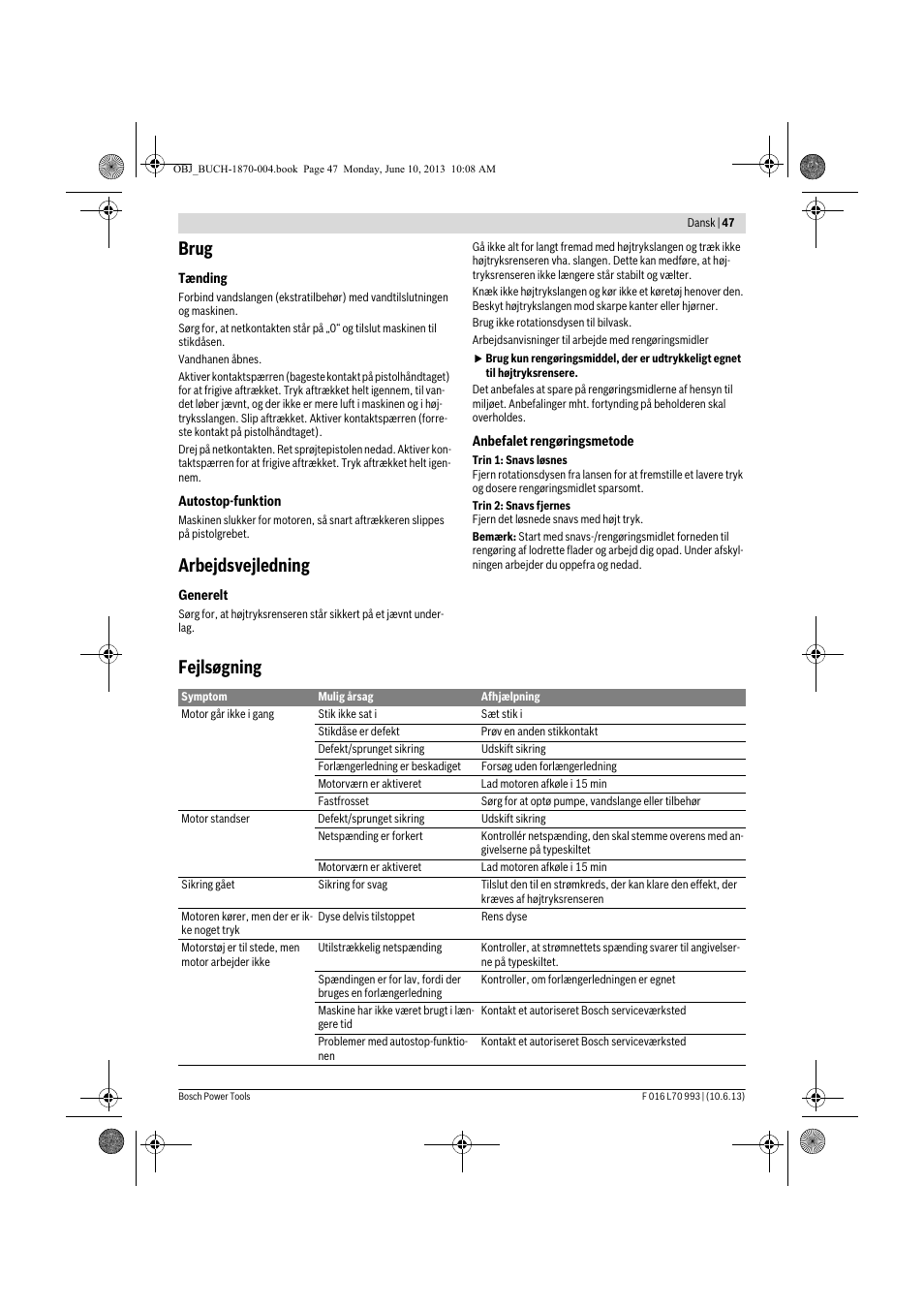 Brug, Arbejdsvejledning, Fejlsøgning | Bosch AQT 33-10 User Manual | Page 47 / 190