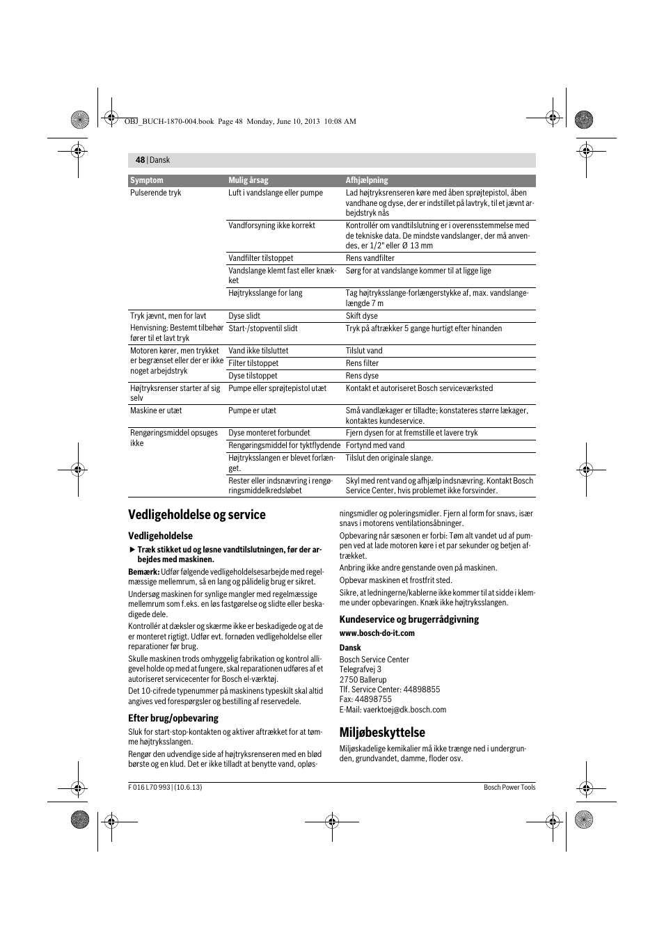 Vedligeholdelse og service, Miljøbeskyttelse | Bosch AQT 33-10 User Manual | Page 48 / 190