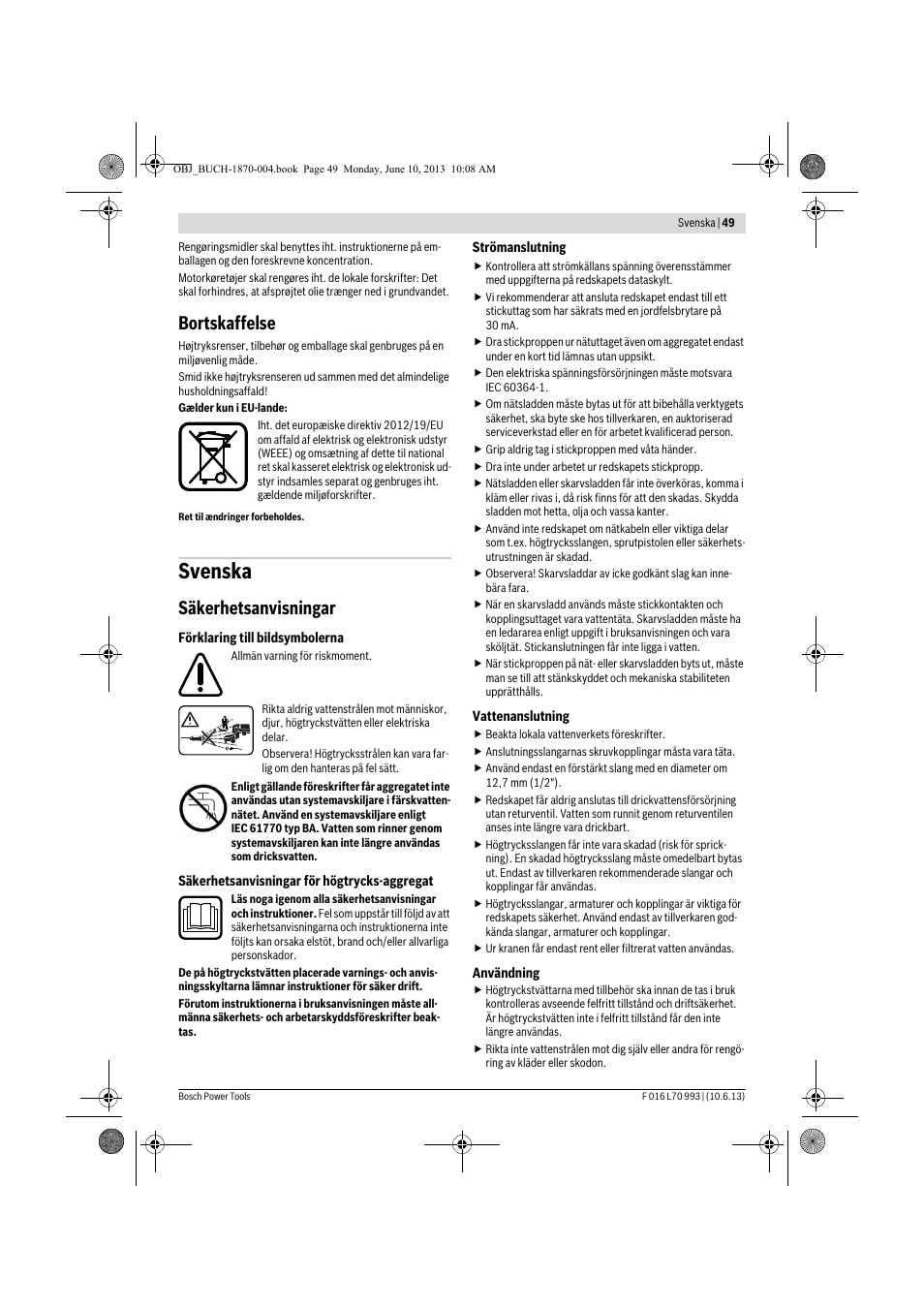 Svenska, Bortskaffelse, Säkerhetsanvisningar | Bosch AQT 33-10 User Manual | Page 49 / 190